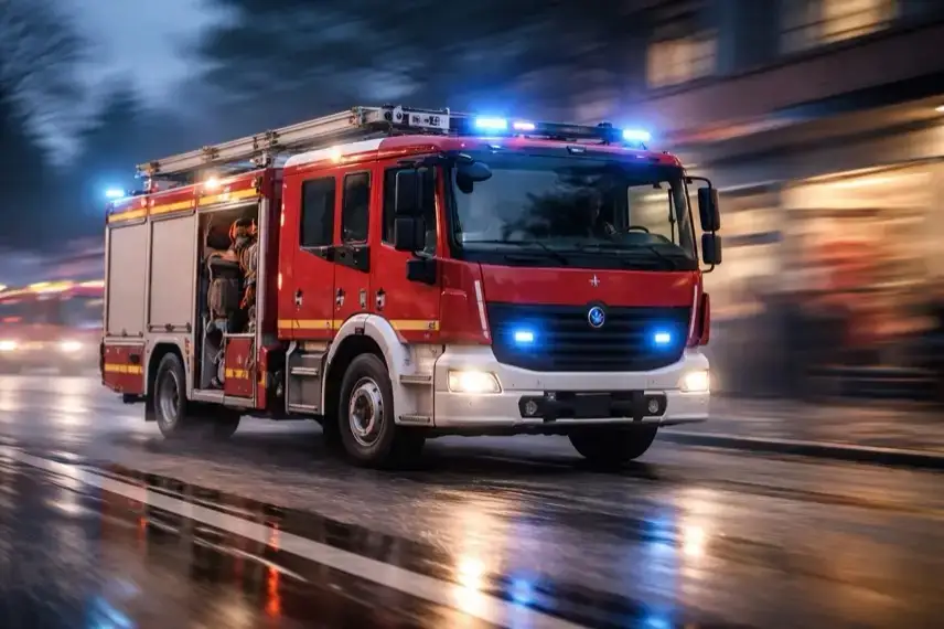 Fahrendes Feuerwehrfahrzeug mit Blaulicht auf nasser Straße bei Dämmerung im Einsatzbetrieb