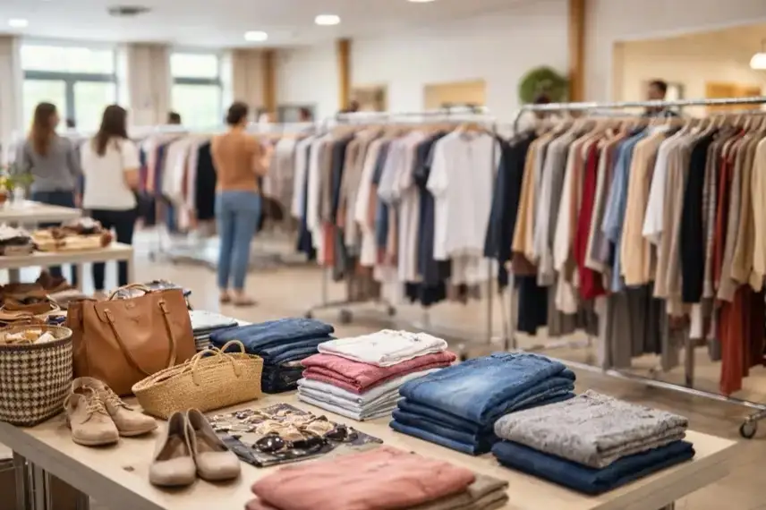 Kleiderständer mit Second-Hand-Damenmode bei einem Frauenkleiderbasar in Bad Grund im Harz