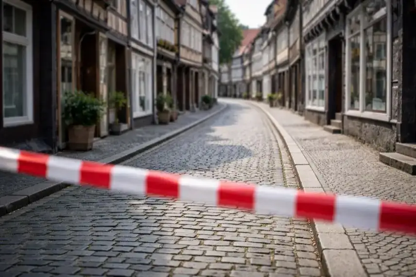 Leere Straße in der Goslarer Altstadt nahe Mauerstraße nach gewaltsamem Übergriff, historische Gebäude im Hintergrund