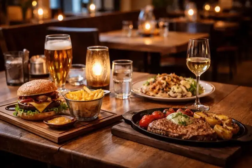 Gedeckter Restauranttisch mit Burger, Steak und deutschem Gericht in Braunlage im Harz