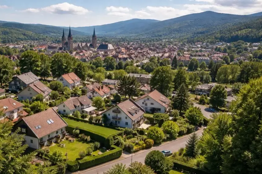 Blick auf Wohngebiet und Altstadt von Goslar mit Harz im Hintergrund im Landkreis Goslar