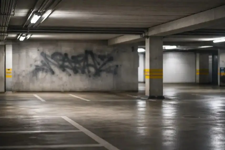 Untergeschoss eines Parkhauses in Goslar mit besprühter Betonwand und Graffiti-Spuren an grauer Fläche