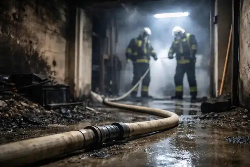 Feuerwehr im Einsatz bei Kellerbrand in Schierke, verrauchte Kellerräume und Feuerwehrschlauch am Boden