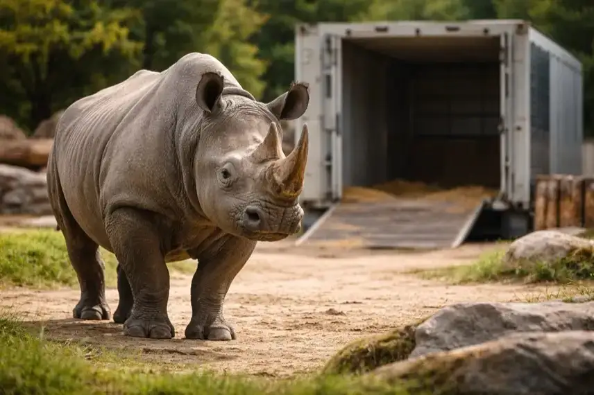 Spitzmaulnashorn in Zoo-Gehege vor Transportcontainer, Vorbereitung auf Umzug nach Tschechien im EEP-Programm