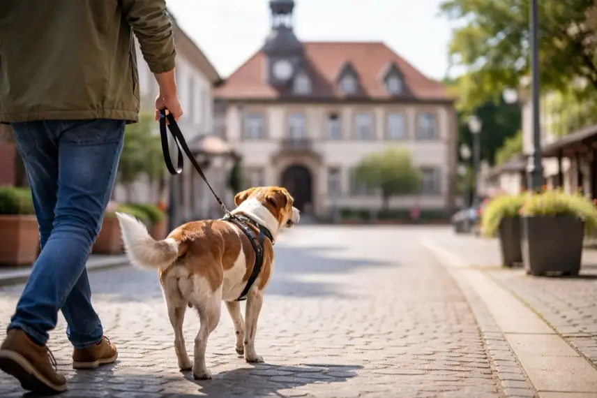 Person führt Hund an Leine vor Verwaltungsgebäude in Osterode am Harz zur Hundesteuer-Kontrolle