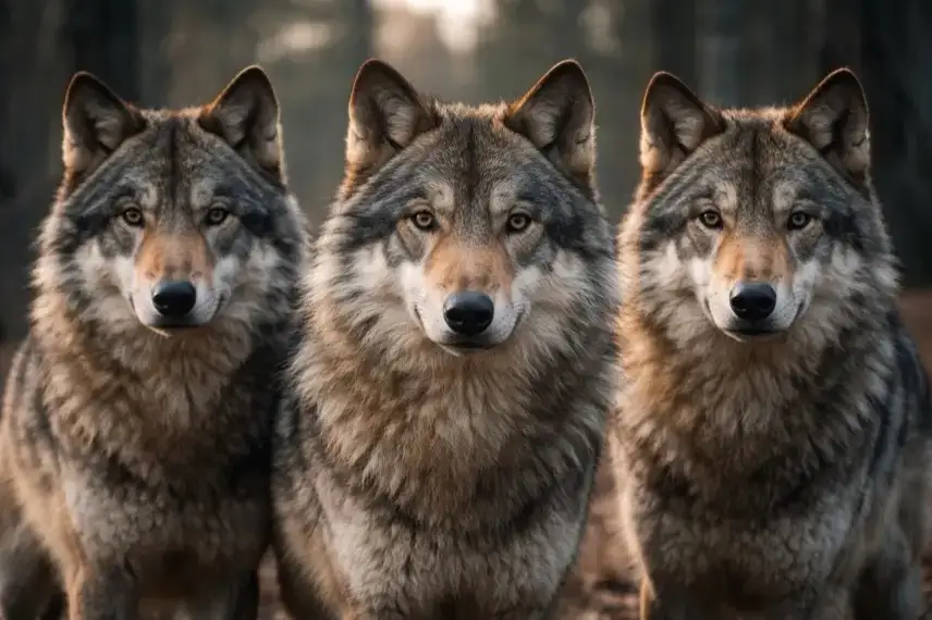 Drei Wölfe stehen nebeneinander im Wald und blicken frontal in die Kamera.