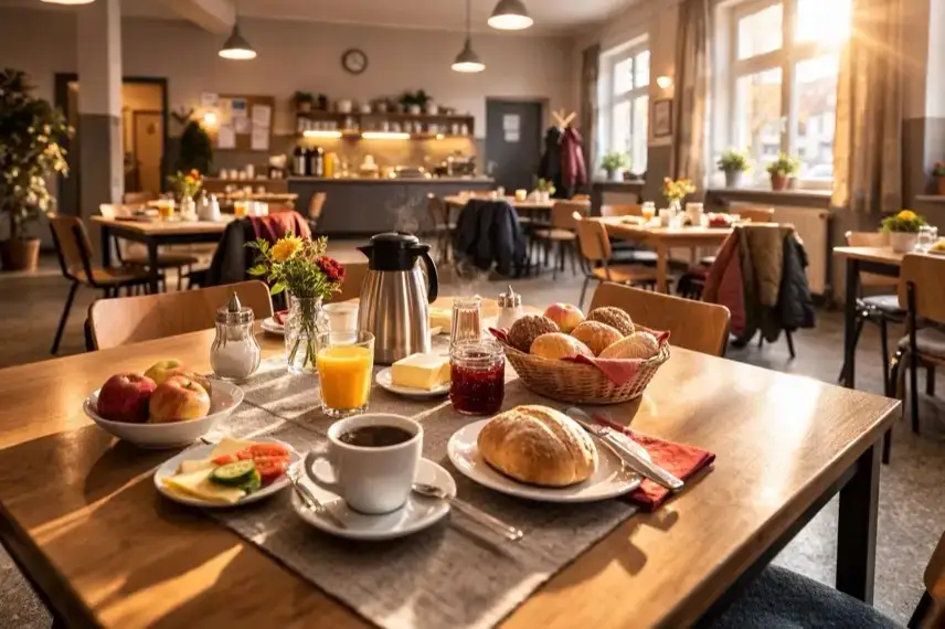 Gedeckter Tisch mit Kaffee und Brot in einem Gemeinschaftsraum der Wärmestube Wernigerode