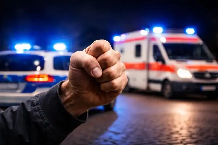 Geballte Faust im Vordergrund, dahinter Polizeiauto und Krankenwagen mit Blaulicht bei Einsatz nach körperlicher Auseinandersetzung in der Nacht