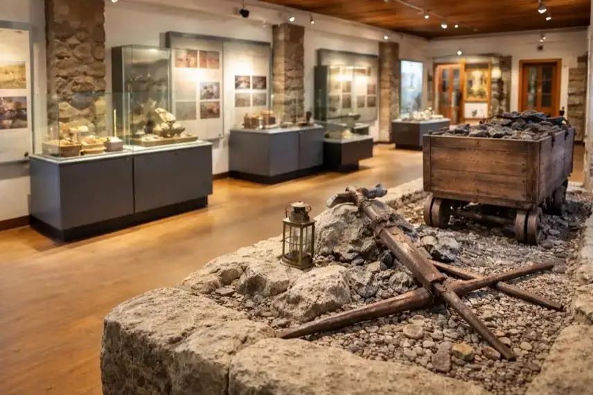 Ausstellung in einem Museum im Harz mit historischen Bergbaugeräten und Vitrinen, typische Museumslandschaft Harz