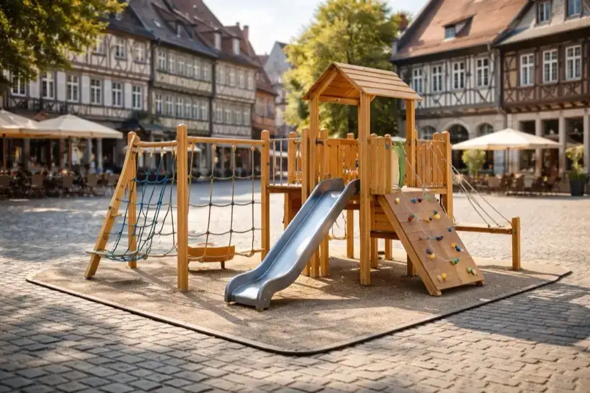 Mobiles Spielgerät auf einem Platz in der Altstadt, Spielanlage im Innenstadtbereich, historisches Stadtzentrum mit Fachwerkhäusern im Hintergrund