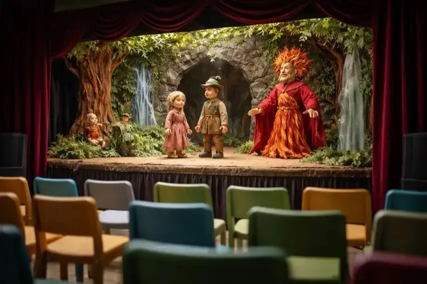 Figurentheater auf kleiner Bühne mit Puppen und Märchenkulisse bei einer Kindertheater-Aufführung in einem Kulturzentrum in Goslar