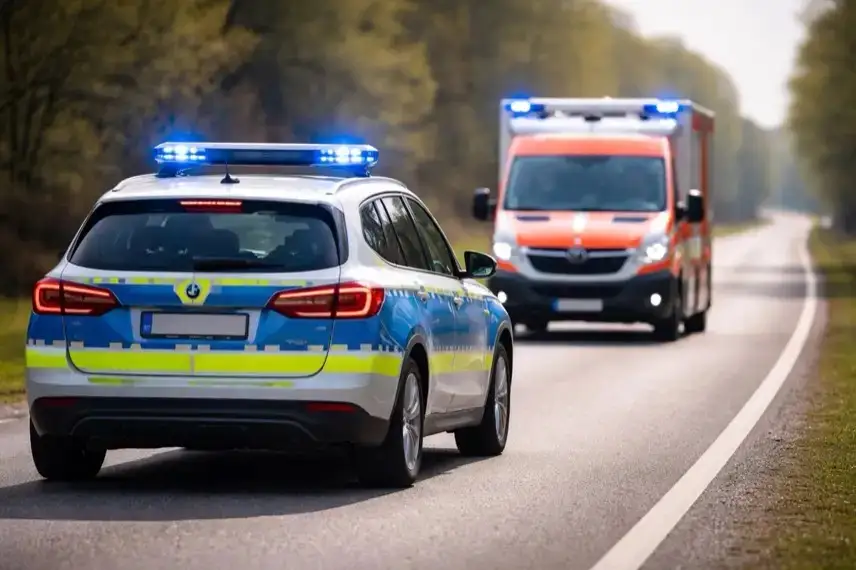 Polizei und Rettungsfahrzeuge auf Bundesstraße nach Verkehrsunfall, abgesperrte Straße mit Einsatzkräften bei Herzberg im Harz