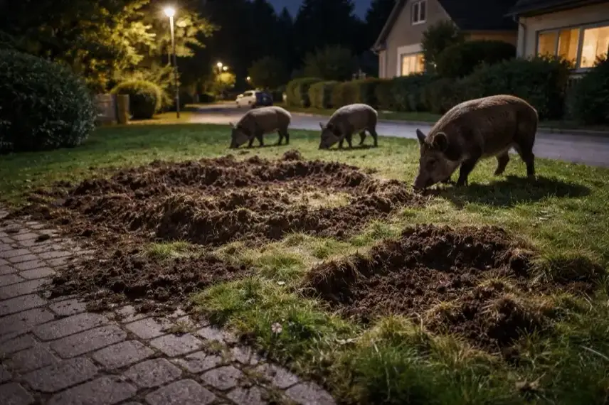 Wildschweine durchwühlen nachts einen Vorgarten und Rasenfläche in einem Wohngebiet am Stadtrand von Wernigerode.