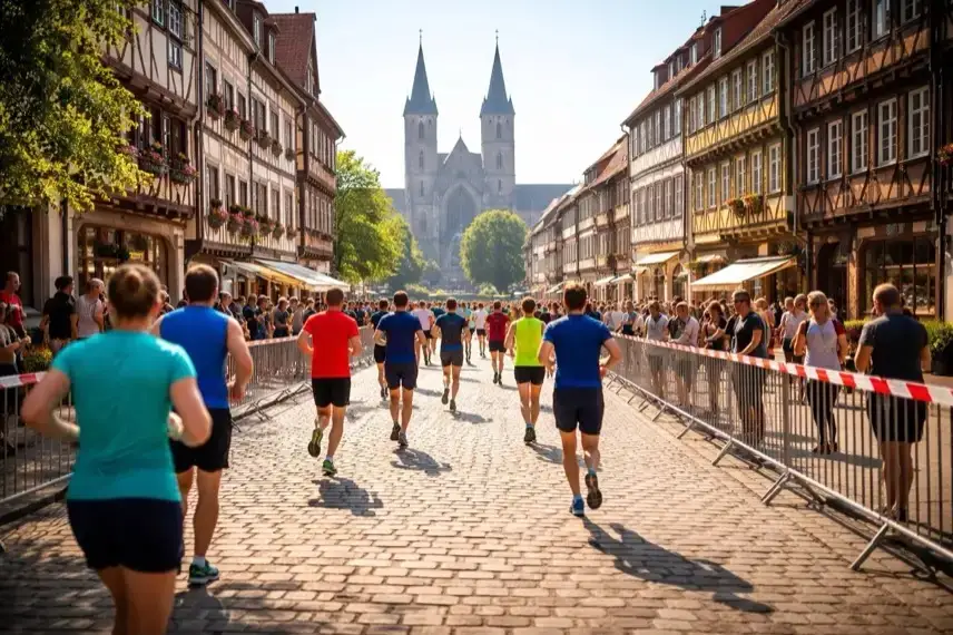 Läufer auf einer Strecke durch eine historische Altstadt mit Domplatz und Fachwerkhäusern beim Altstadtlauf in Halberstadt