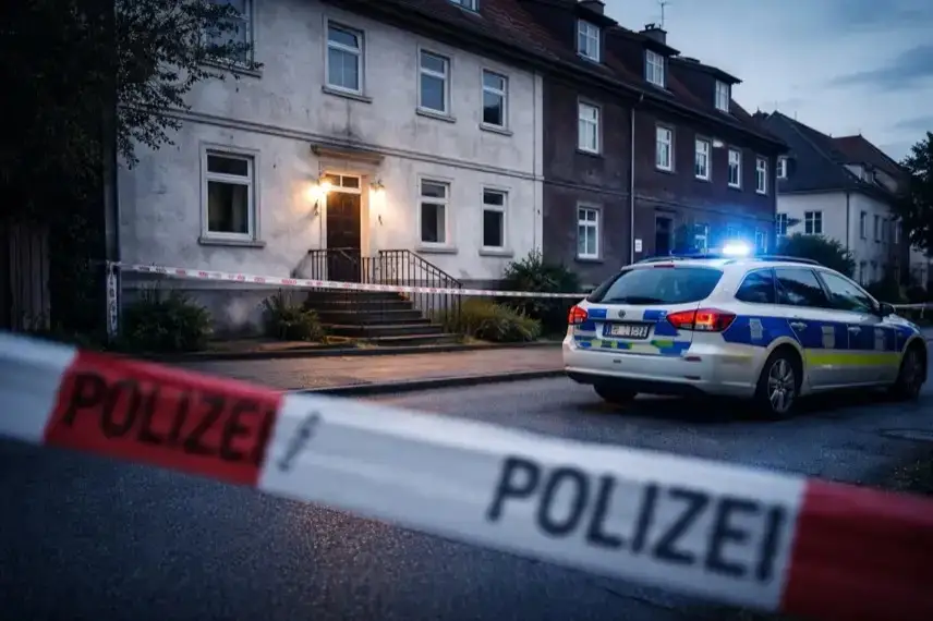 Polizeifahrzeug mit Blaulicht vor Wohnhaus in Osterode am Harz, Absperrband im Vordergrund, Ermittlungen nach Gewaltverbrechen.