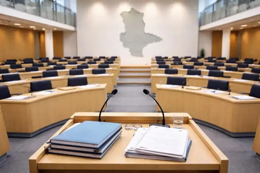 Leerer parlamentarischer Sitzungssaal mit Rednerpult und Sitzreihen, Symbol für Landtag Sachsen-Anhalt und Debatte über Verfassungsänderung