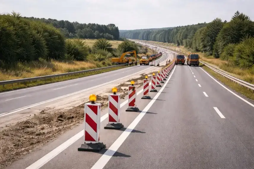 Baustelle auf Autobahn mit Leitbaken und verengter Fahrbahn im Harz, Sanierung der A36 bei Wernigerode mit Baustellenverkehr